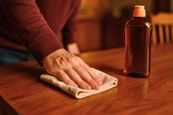 Main nettoyant une table en bois massif avec un chiffon doux et un produit spécial bois