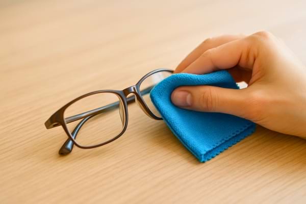 Lunettes posées sur une table claire, main les nettoyant avec une microfibre bleue