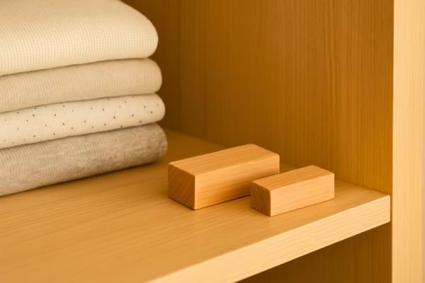 Close-up sur un bloc de cèdre naturel absorbant l’humidité dans un dressing propre