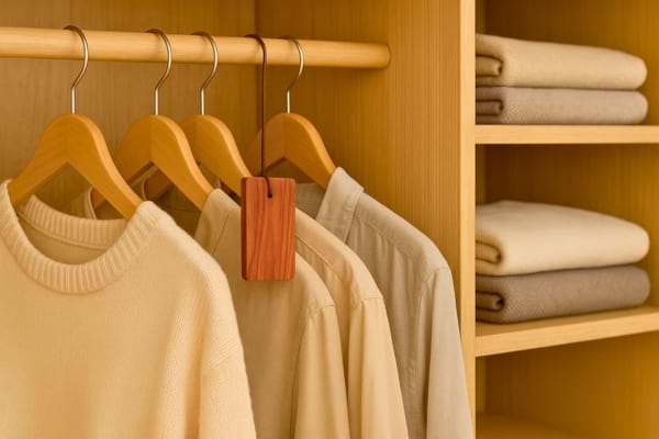 Bloc de cèdre accroché à un cintre dans une armoire bien organisée, vêtements pliés proprement