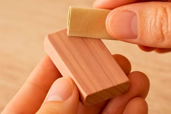 Main ponçant légèrement un petit bloc de cèdre pour réactiver son parfum