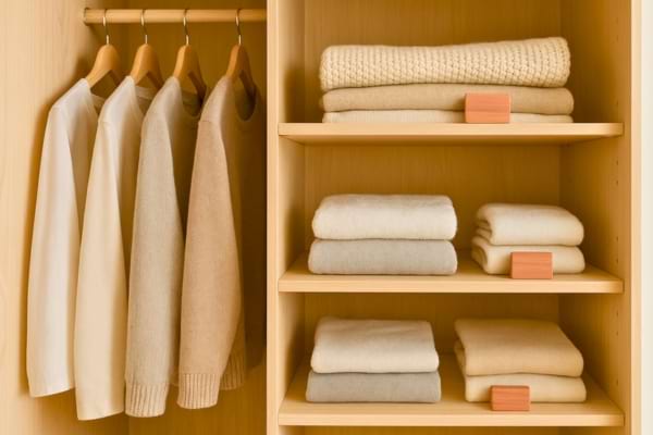 Placard minimaliste avec linge parfaitement rangé et morceaux de cèdre visibles