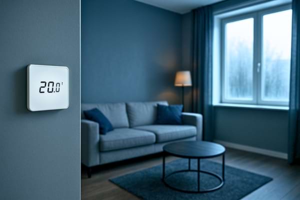 Salon moderne avec thermostat affichant 20°C mais ambiance visuellement froide