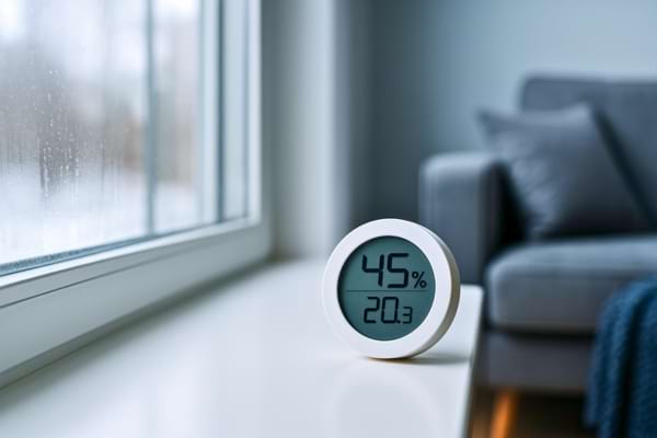 ntérieur de maison avec hygromètre affichant taux d’humidité, ambiance hivernale