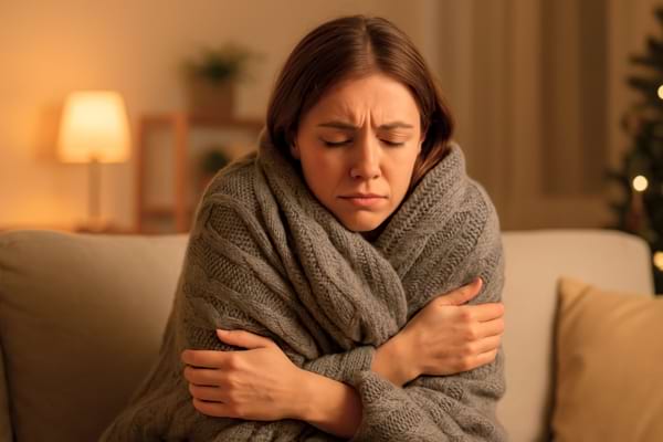 Personne emmitouflée dans un plaid dans un salon chauffé, expression de froid