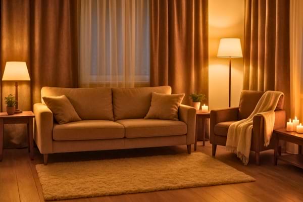 Salon chaleureux avec rideaux épais, tapis, lumières douces, ambiance cocooning hivernale