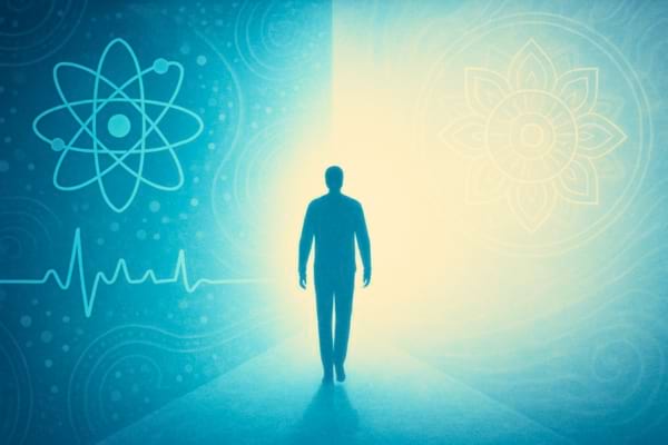 Silhouette marchant vers l'horizon entre science et spiritualité