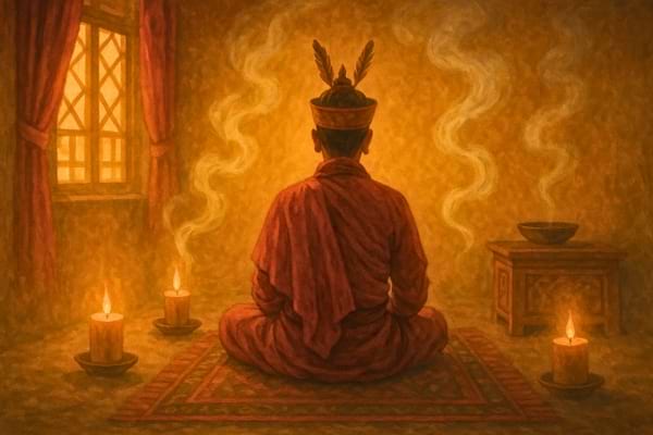 ambiance tibétaine et chamanique, tons chauds, fumée, rituel, énergie spirituelle 