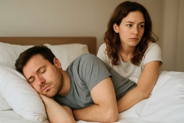 Couple allongé dans un lit, l’un paraît fatigué et l’autre pensif, ambiance douce