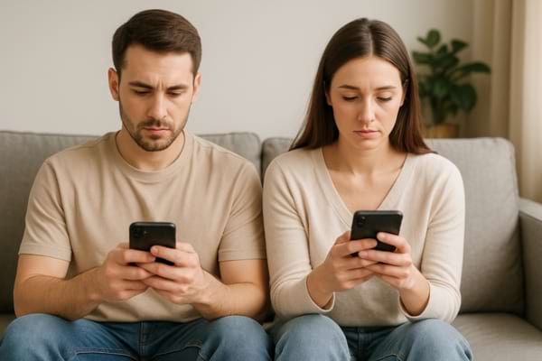 Deux personnes assises côte à côte, regardant leurs téléphones, distance émotionnelle perceptible