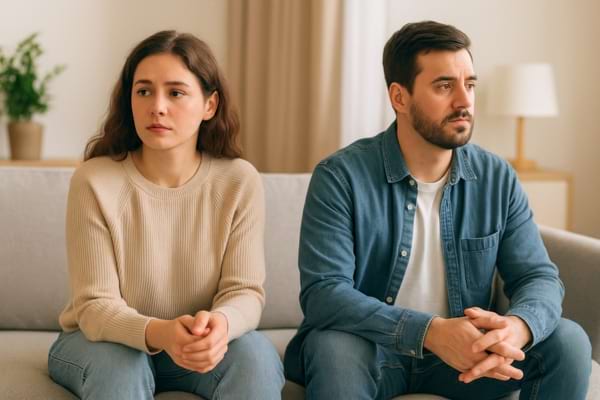 Couple assis sur un canapé, chacun tourné légèrement de son côté, expressions mélangées