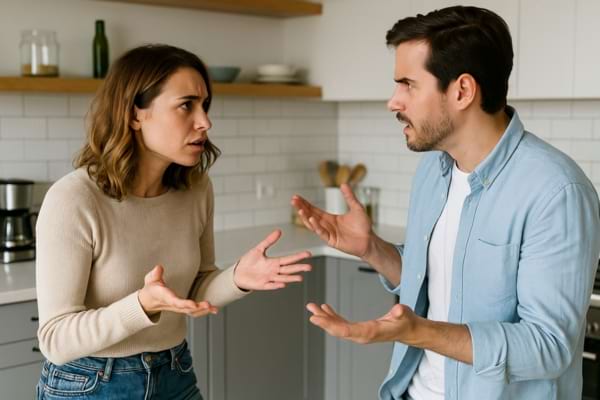Couple dans la cuisine, petite dispute légère, gestes expressifs mais non agressifs,