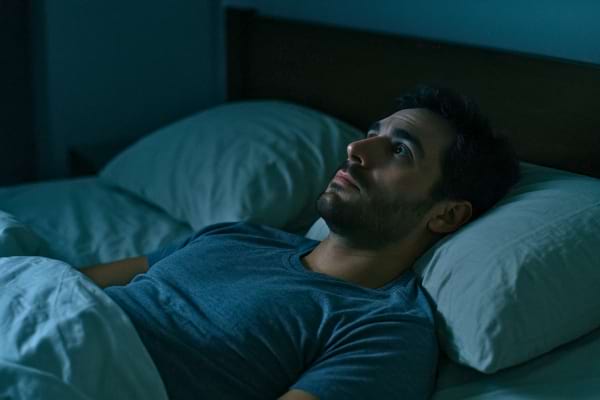 Personne dans un lit, regardant le plafond, lumière faible, ambiance nuit