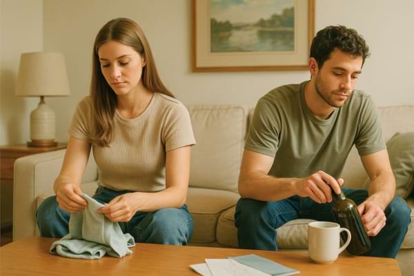 Couple dans un salon, ambiance routinière, gestes mécaniques, style photographique naturel.