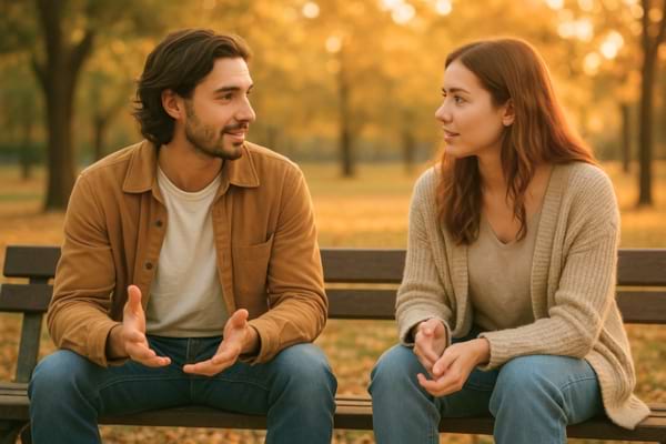 Couple discutant calmement dans un parc, ambiance chaleureuse, lumière dorée