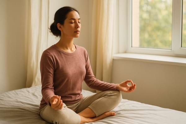 Personne méditant près d’une fenêtre, lumière douce, ambiance apaisante