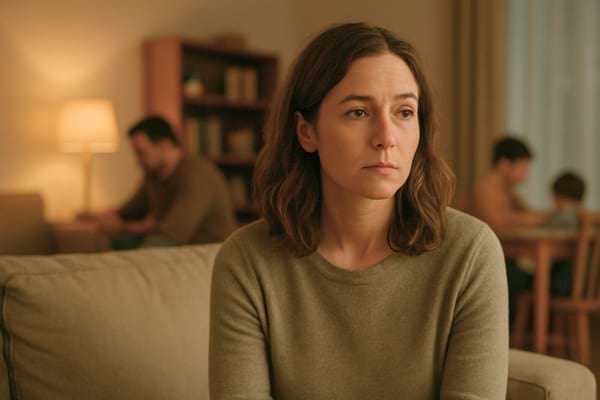 Femme mariée assise dans un salon, expression pensive