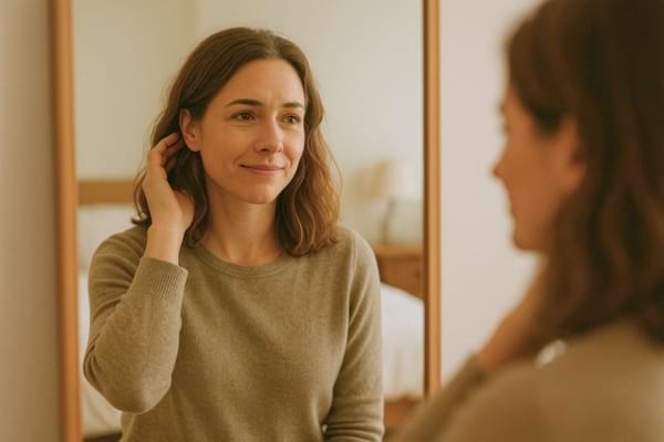 Femme ajustant ses cheveux devant un miroir, lumière naturelle douce