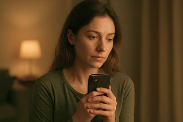 Femme tenant un téléphone près d'elle, éclairage tamisé, atmosphère contemplative