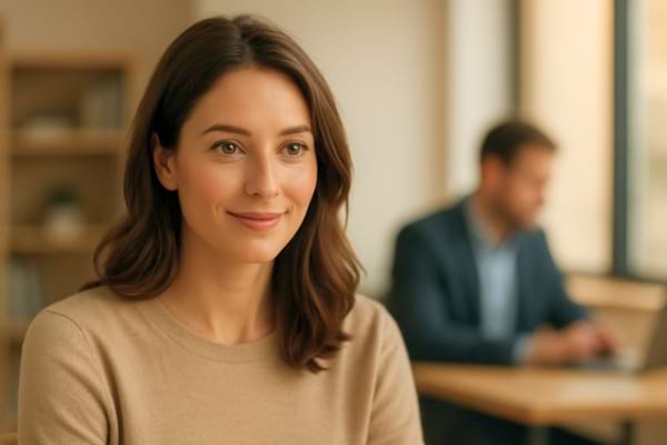 Femme souriant subtilement dans un bureau, lumière naturelle douce