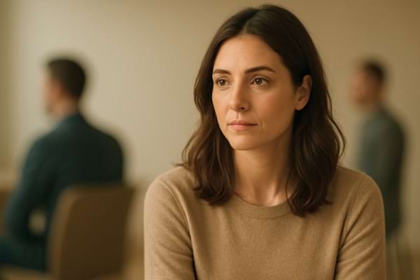 Femme assise seule, l'air pensif, deux silhouettes masculines floues au loin