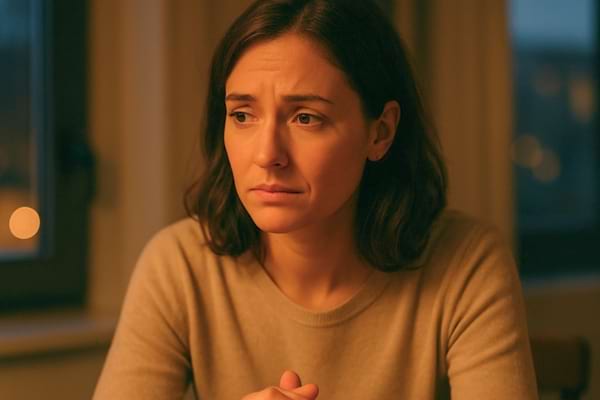 Femme assise à une table, les mains jointes, l'air tourmenté