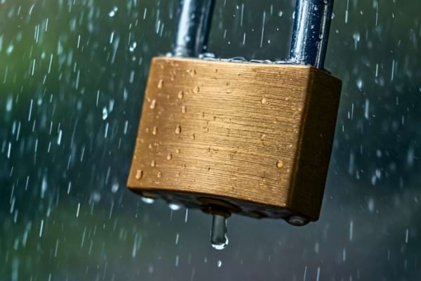 Un cadenas sous la pluie qui pourrait s'oxyder sans le petit trou