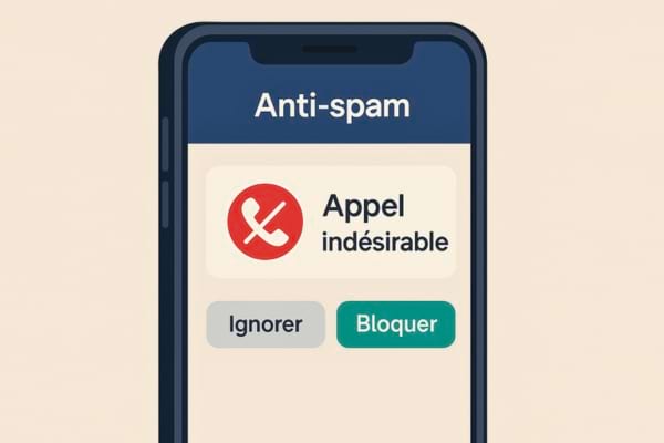 Smartphone affichant une application anti-spam d’appels, notification d’appel indésirable