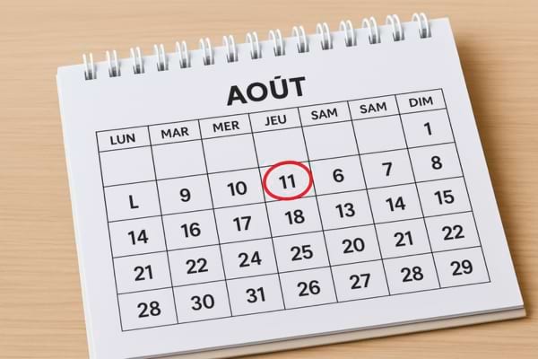 Calendrier affichant la date 11 août 2026 en surbrillance, ambiance sérieuse