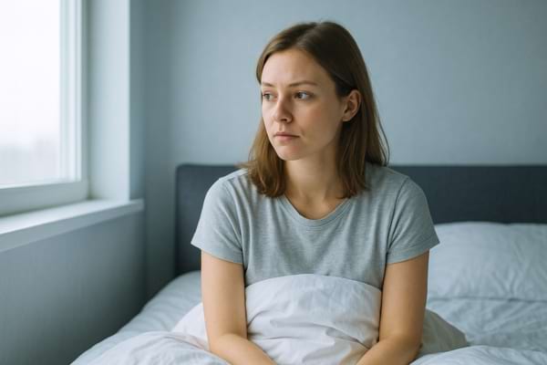 Femme réveillée dans un lit, regard éloigné