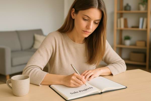agenda ouvert avec projets solo, femme écrivant seule
