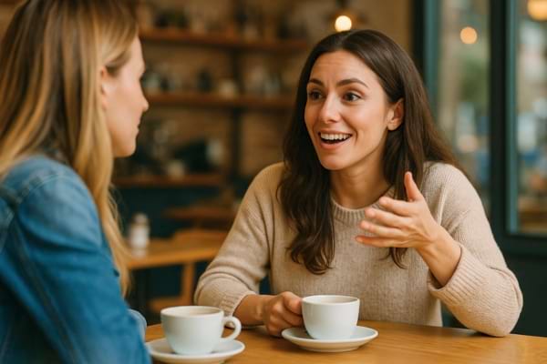 femme discutant avec une amie dans un café, expression animée