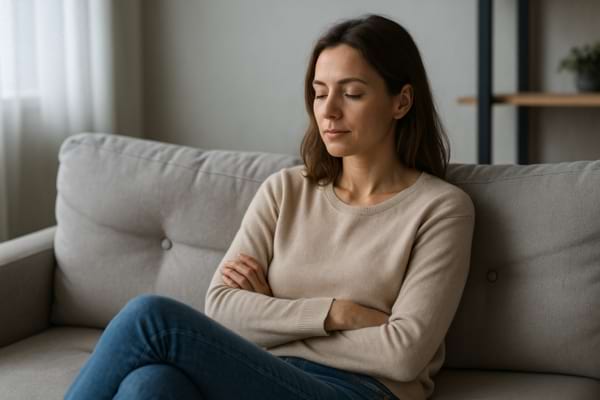 femme seule sur un canapé, sereine, ambiance calme, style photoréaliste