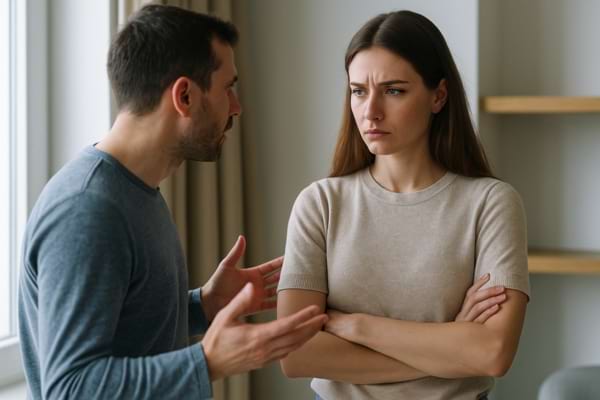 couple discutant avec tensions, femme les bras croisés