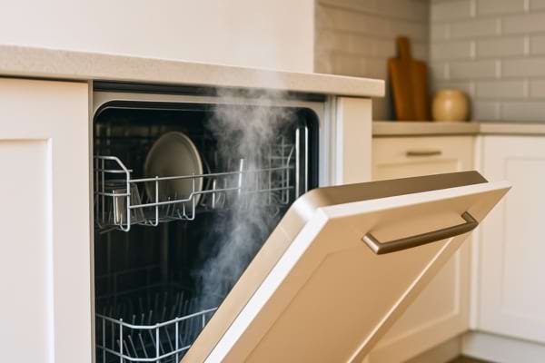 Lave-vaisselle moderne avec porte entrouverte laissant échapper de la vapeur