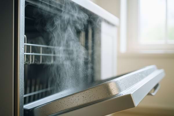 Vue rapprochée de la vapeur s’échappant d’un lave-vaisselle entrouvert