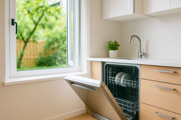 Cuisine bien aérée avec fenêtre ouverte, lave-vaisselle entrouvert, ambiance lumineuse et propre
