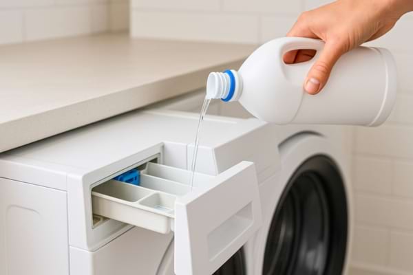 Une femme qui verse de l'eau de javel dans le bac à lessive