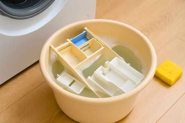 des pièces de bac à lessive dans un sceau pour les nettoyer