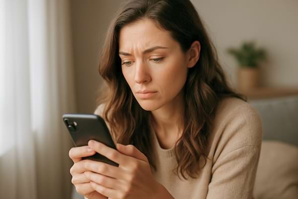Femme pensive regardant son téléphone, ambiance douce, lumière naturelle, expression préoccupée