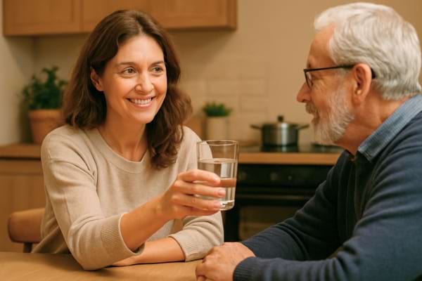 Femme souriante apportant de l’aide à un proche, intérieur chaleureux, lumière douce