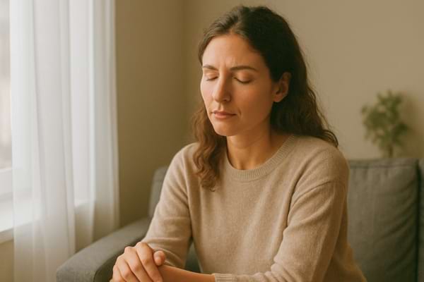 "Femme assise seule près d’une fenêtre, lumière tamisée, atmosphère calme et introspective"