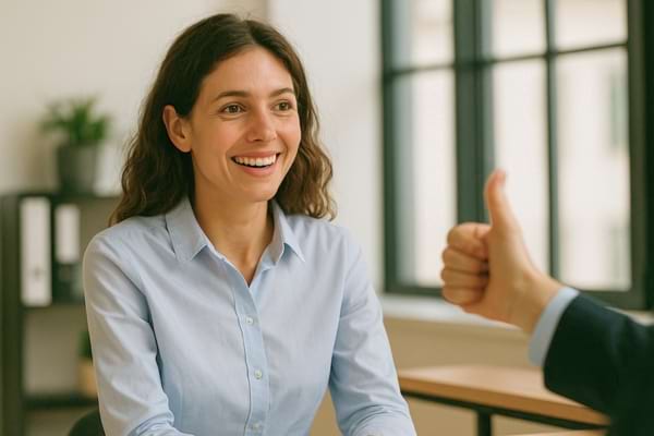 "Femme au travail recevant un compliment, expression surprise et valorisée, lumière naturelle"