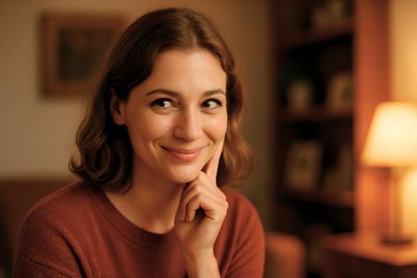 "Femme lançant un regard significatif, ambiance chaleureuse, expression douce mais expressive"