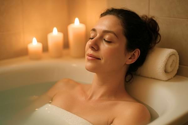 "Femme dans un bain relaxant avec bougies, ambiance chaleureuse et apaisante"