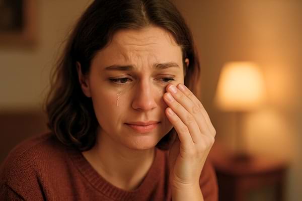 "Femme émotive essuyant une larme, lumière douce, plan rapproché"