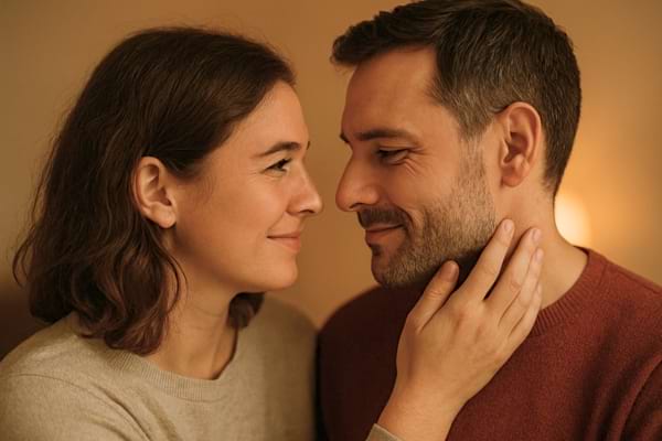"Couple échangeant un regard tendre, lumière chaude, ambiance intime et bienveillante"