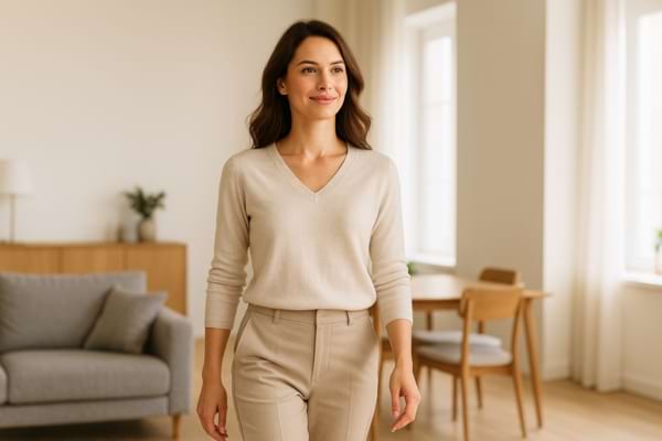 femme marchant avec assurance dans une pièce lumineuse