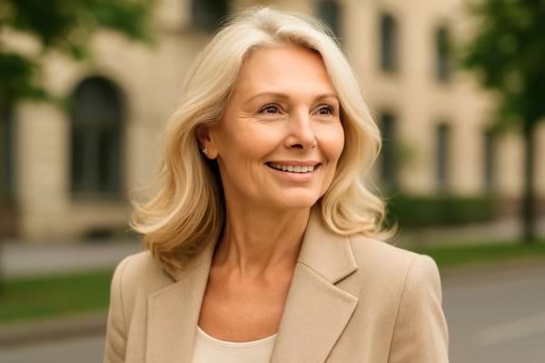 portrait d’une femme élégante au style minimaliste, vêtements sobres, ambiance chaleureuse