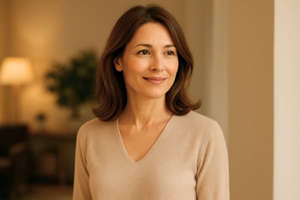 femme souriant naturellement en lumière naturelle, fond flou
